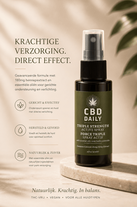 Earthly Body CBD Daily Active Spray 60 ml in donkere sprayflacon met tekst Krachtige verzorging, direct effect