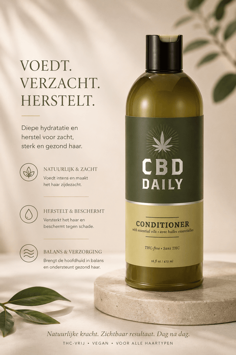Earthly Body CBD Daily Conditioner 473 ml in groene fles met tekst Voedt, verzacht, herstelt