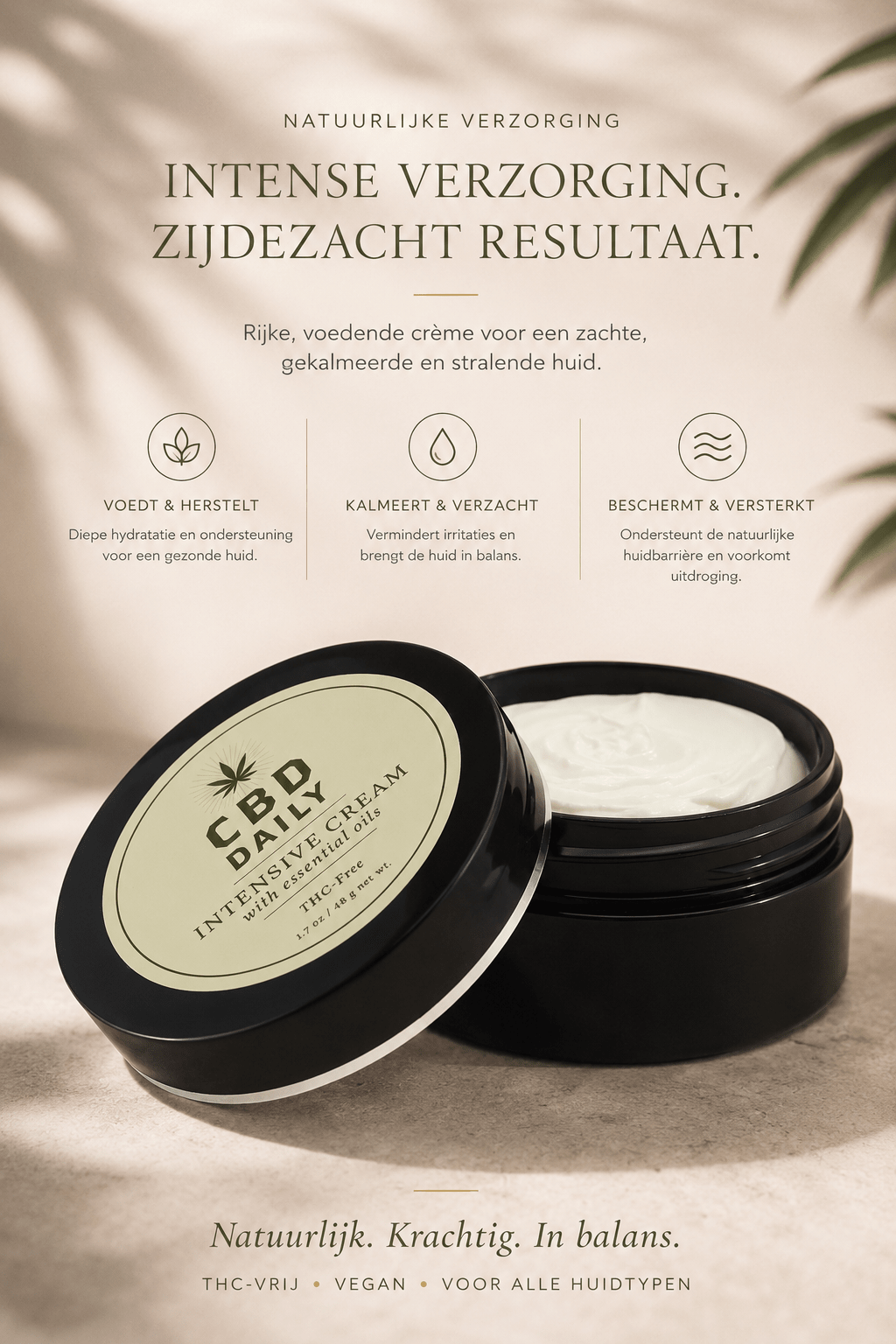 Earthly Body CBD Daily Intensive Cream Original Strength 48 g in open zwarte pot met tekst Intense verzorging
