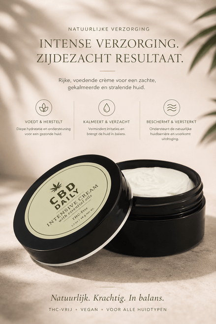 Earthly Body CBD Daily Intensive Cream Original Strength 48 g in open zwarte pot met tekst Intense verzorging