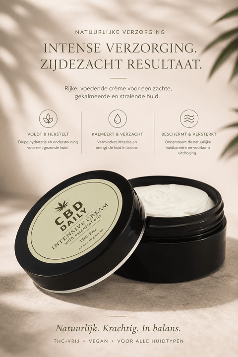 Earthly Body CBD Daily Intensive Cream Original Strength 48 g in open zwarte pot met tekst Intense verzorging