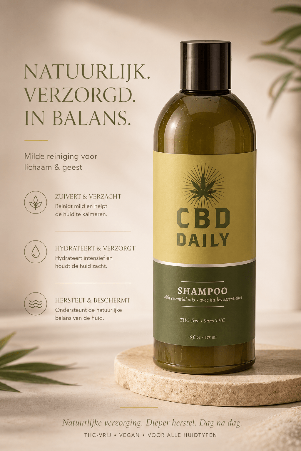 Earthly Body CBD Daily Shampoo 473 ml in groene fles met tekst Natuurlijk, verzorgd, in balans