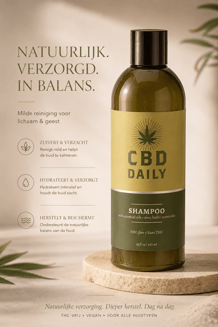 Earthly Body CBD Daily Shampoo 473 ml in groene fles met tekst Natuurlijk, verzorgd, in balans