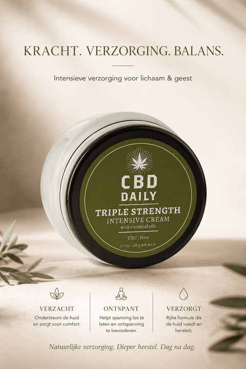 Earthly Body CBD Daily Triple Strength Intensive Cream 48 g in pot met tekst Kracht, verzorging, balans