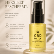 Earthly Body verzachtend serum 20 ml in gele pompflacon met zwarte pomp en tekst Kalmeert, herstelt, beschermt