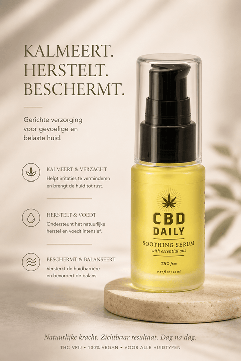 Earthly Body verzachtend serum 20 ml in gele pompflacon met zwarte pomp en tekst Kalmeert, herstelt, beschermt