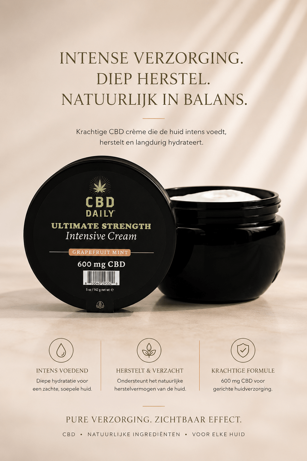 Earthly Body CBD Intensive Cream Grapefruit Mint 142 g in zwarte pot met open crème op beige wellnessdecor.