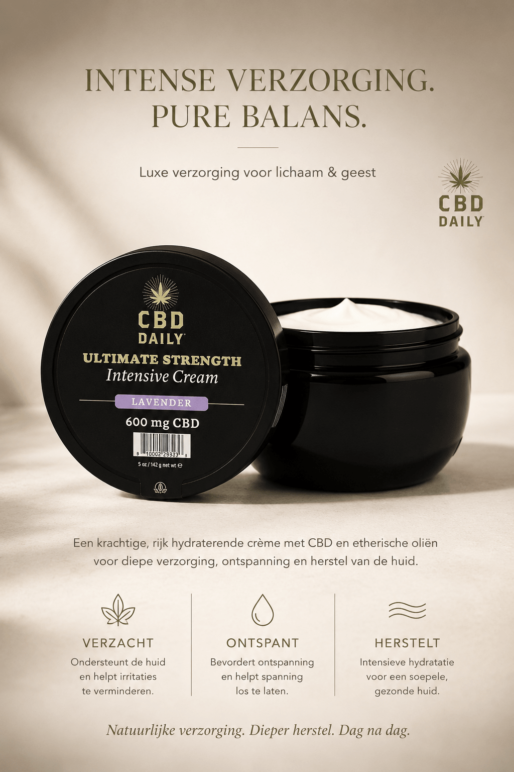 Earthly Body CBD Intensive Cream Lavendel 142 g in zwarte pot met open crème en tekst Intense verzorging