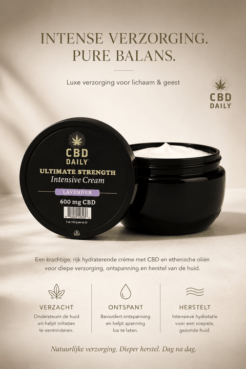 Earthly Body CBD Intensive Cream Lavendel 142 g in zwarte pot met open crème en tekst Intense verzorging