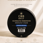 Earthly Body CBD Intensive Cream Sandalwood 142 g in zwarte ronde pot op beige wellnessachtergrond.
