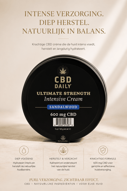 Earthly Body CBD Intensive Cream Sandalwood 142 g in zwarte ronde pot op beige wellnessachtergrond.