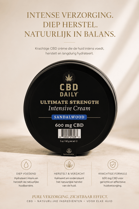 Earthly Body CBD Intensive Cream Sandalwood 142 g in zwarte ronde pot op beige wellnessachtergrond.