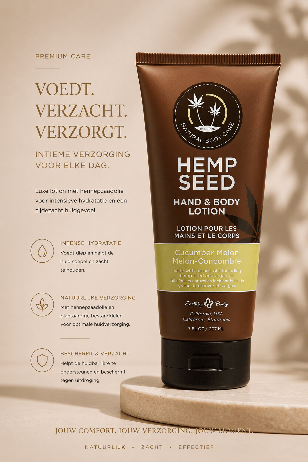 Earthly Body Cucumber Melon Hand & Body Lotion 207 ml in bruine tube met tekst Voedt, verzacht, verzorgt