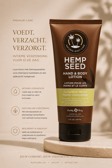 Earthly Body Cucumber Melon Hand & Body Lotion 207 ml in bruine tube met tekst Voedt, verzacht, verzorgt