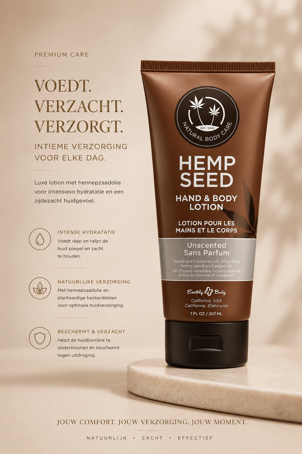 Earthly Body Hemp Seed Hand & Body Lotion 207 ml in bruine tube met tekst Voedt, verzacht, verzorgt