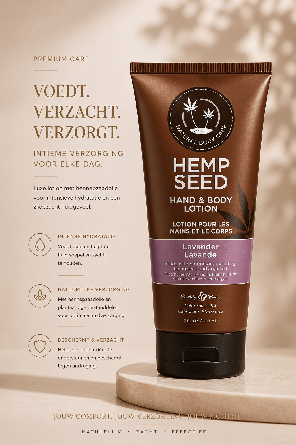 Earthly Body Lavender Hand & Body Lotion 207 ml in bruine tube met paars label en tekst Voedt, verzacht, verzorgt