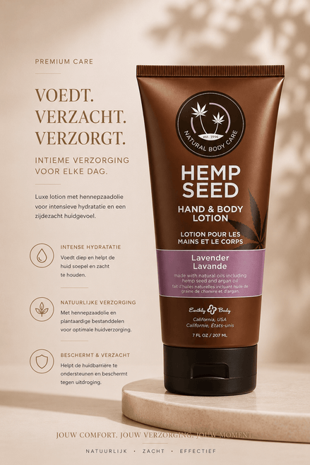 Earthly Body Lavender Hand & Body Lotion 207 ml in bruine tube met paars label en tekst Voedt, verzacht, verzorgt