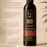 Earthly Body Hemp Seed scheercrème 237 ml in donkere pompflacon met tekst Zachte scheerbeurt