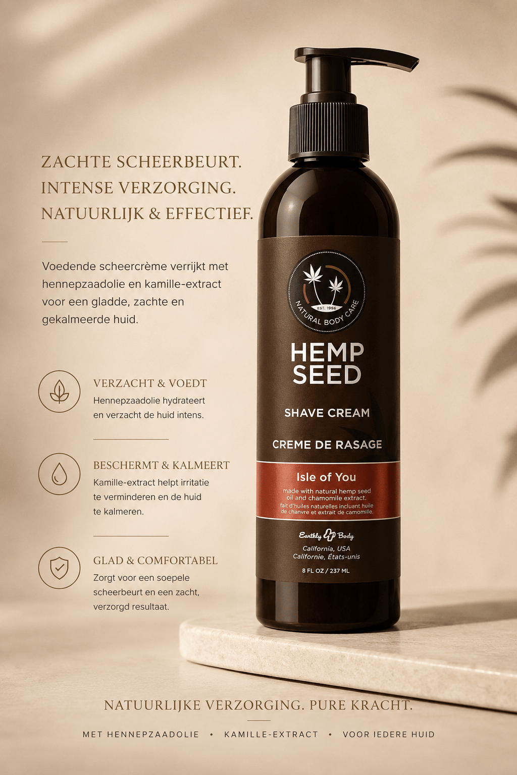 Earthly Body Hemp Seed scheercrème 237 ml in donkere pompflacon met tekst Zachte scheerbeurt