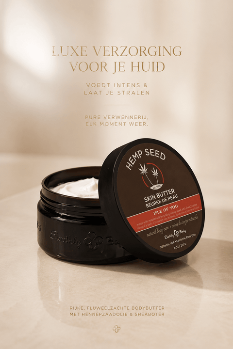 Earthly Body Isle of You Skin Butter 227 g in zwarte pot met open crème en tekst Luxe verzorging voor je huid.