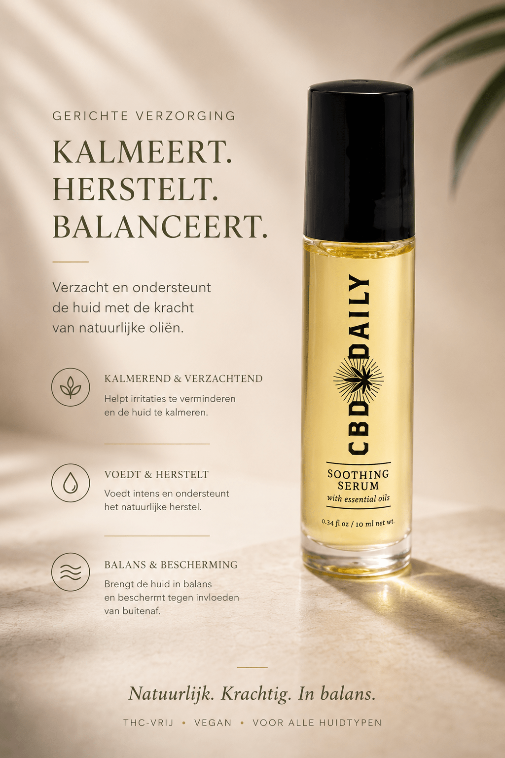 Earthly Body kalmerend serum rollerbal 10 ml in amberkleurig flesje met zwarte dop en compacte applicator