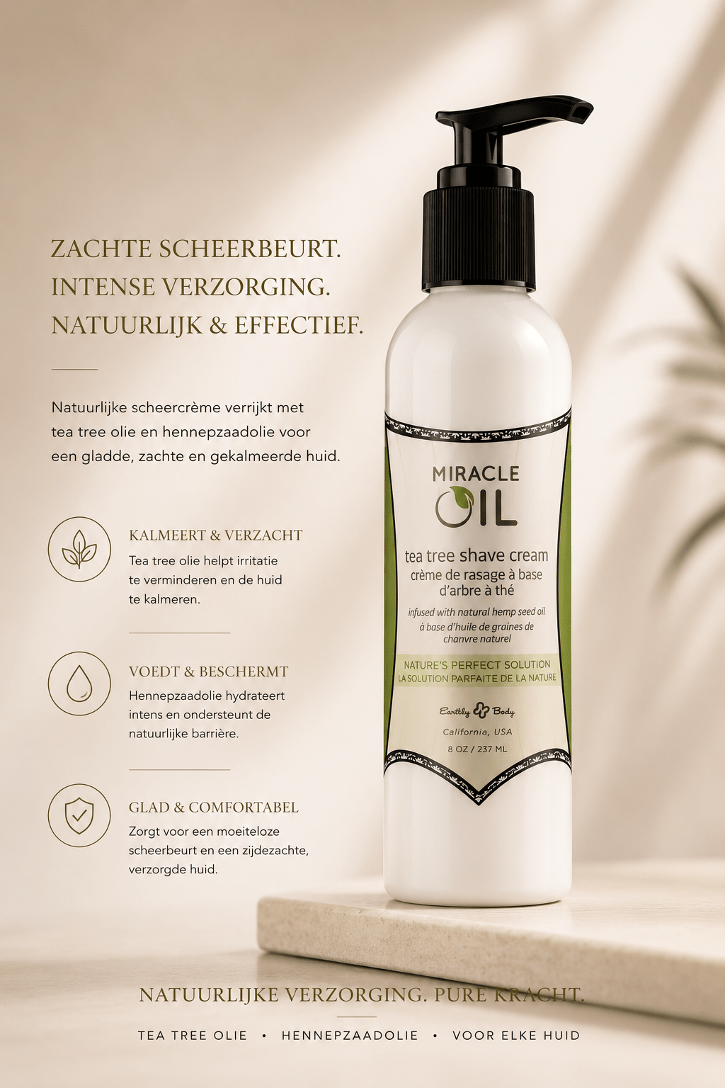 Earthly Body sensuele scheercrème 237 ml in witte pompflacon met tekst Zachte scheerbeurt, intense verzorging