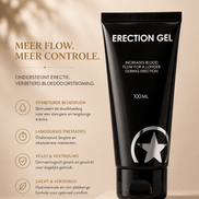 Erection Gel zwarte tube 100 ml op beige marmeren podium met tekst Meer flow, meer controle links