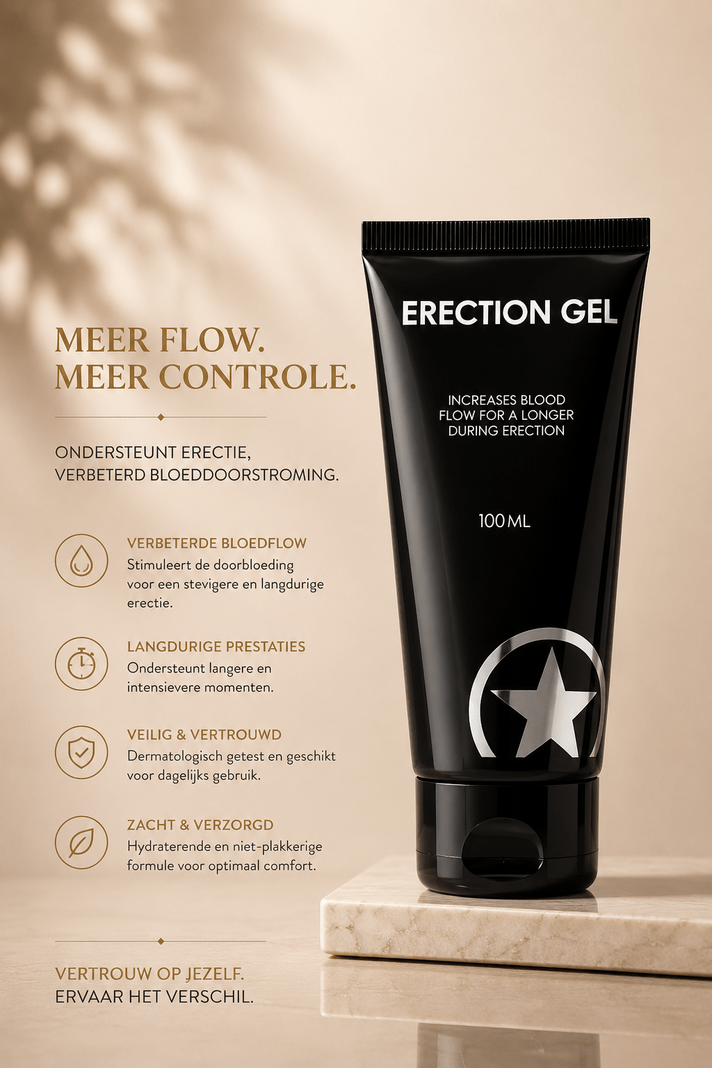 Erection Gel zwarte tube 100 ml op beige marmeren podium met tekst Meer flow, meer controle links