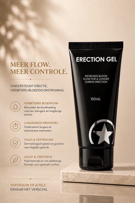Erection Gel zwarte tube 100 ml op beige marmeren podium met tekst Meer flow, meer controle links