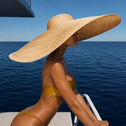 Forplay gouden bandeau bikini set met bikini slip, zijdelings gedragen op een boot met brede strohoed