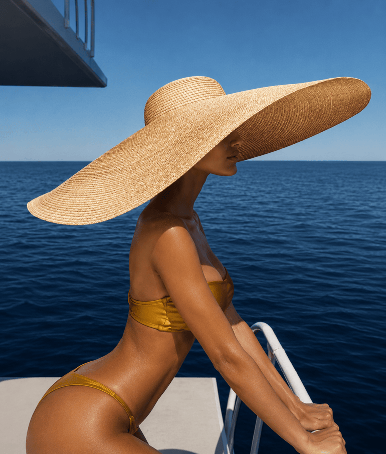 Forplay gouden bandeau bikini set met bikini slip, zijdelings gedragen op een boot met brede strohoed