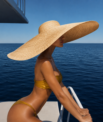 Forplay gouden bandeau bikini set met bikini slip, zijdelings gedragen op een boot met brede strohoed