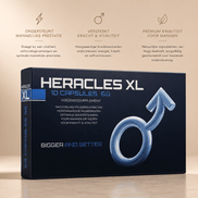 Heracles XL 10 capsules verpakking in donkerblauw met blauw mannensymbool op beige achtergrond