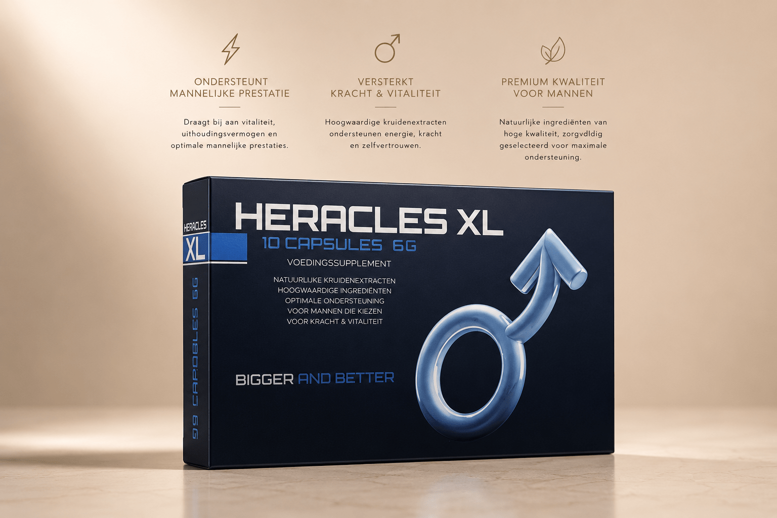 Heracles XL 10 capsules verpakking in donkerblauw met blauw mannensymbool op beige achtergrond