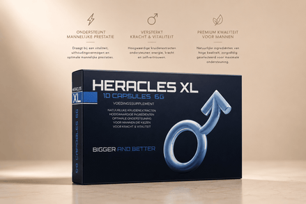 Heracles XL 10 capsules verpakking in donkerblauw met blauw mannensymbool op beige achtergrond