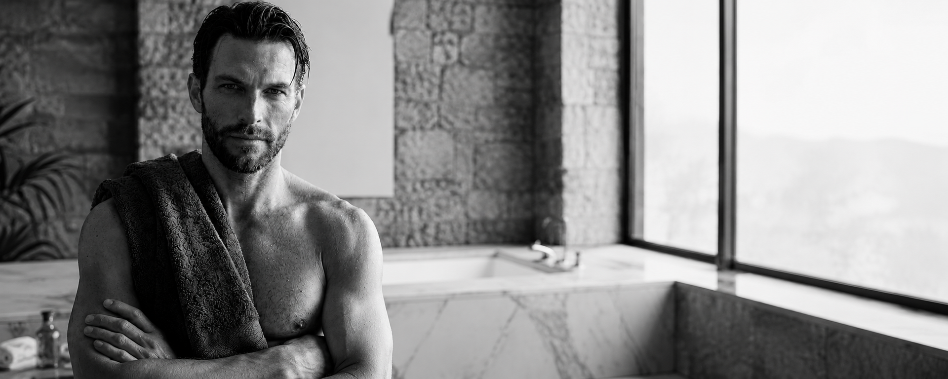 Banner voor heren collectie met man in luxe zwart-wit badkamer, gericht op verzorging, kracht en vertrouwen