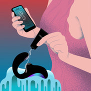 Illustratie met ENIGMA, waterbasisglijmiddel en een telefoon met de LELO-app