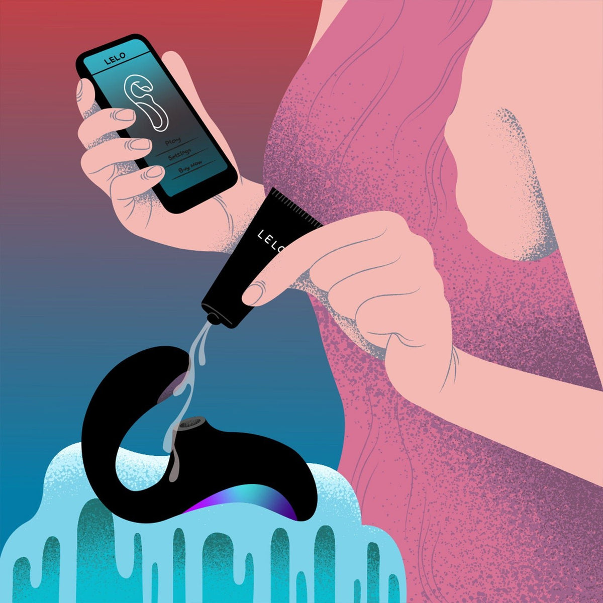 Illustratie met ENIGMA, waterbasisglijmiddel en een telefoon met de LELO-app