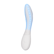LELO MONA Spectra rechtop met blauw ledlicht en knoppen op het witte handvat