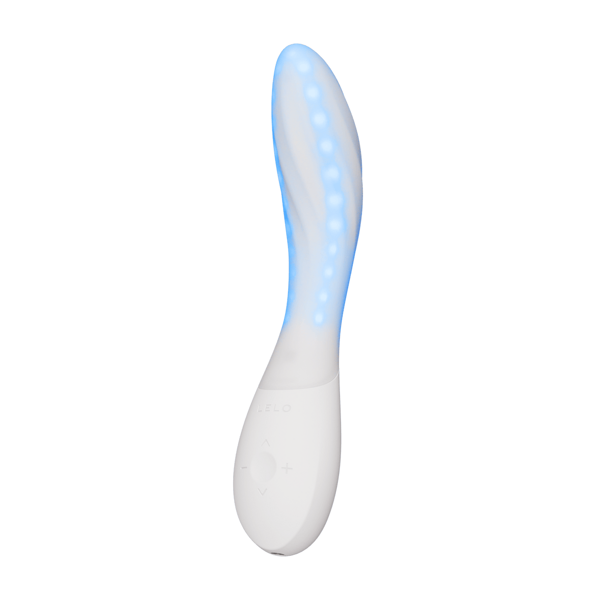 LELO MONA Spectra rechtop met blauw ledlicht en knoppen op het witte handvat