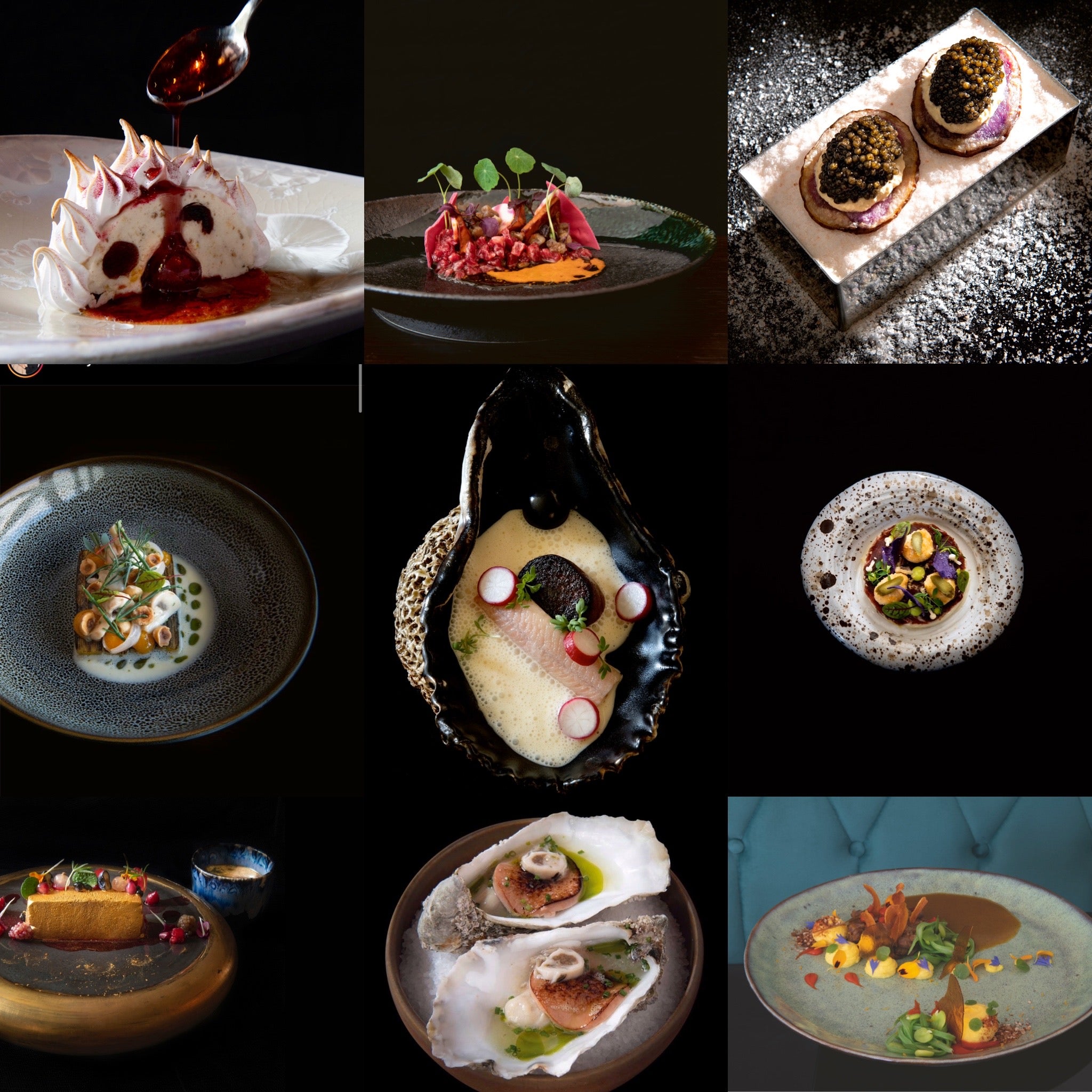 Collage van verfijnde gerechtfoto’s uit Let’s MissBehave met desserts, oesters en stijlvolle foodstyling