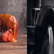 Binnenpagina uit Let’s MissBehave met kreeft in saus en stijlvolle zwart-witfotografie met lingerie