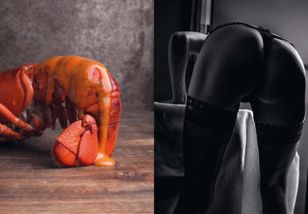 Binnenpagina uit Let’s MissBehave met kreeft in saus en stijlvolle zwart-witfotografie met lingerie