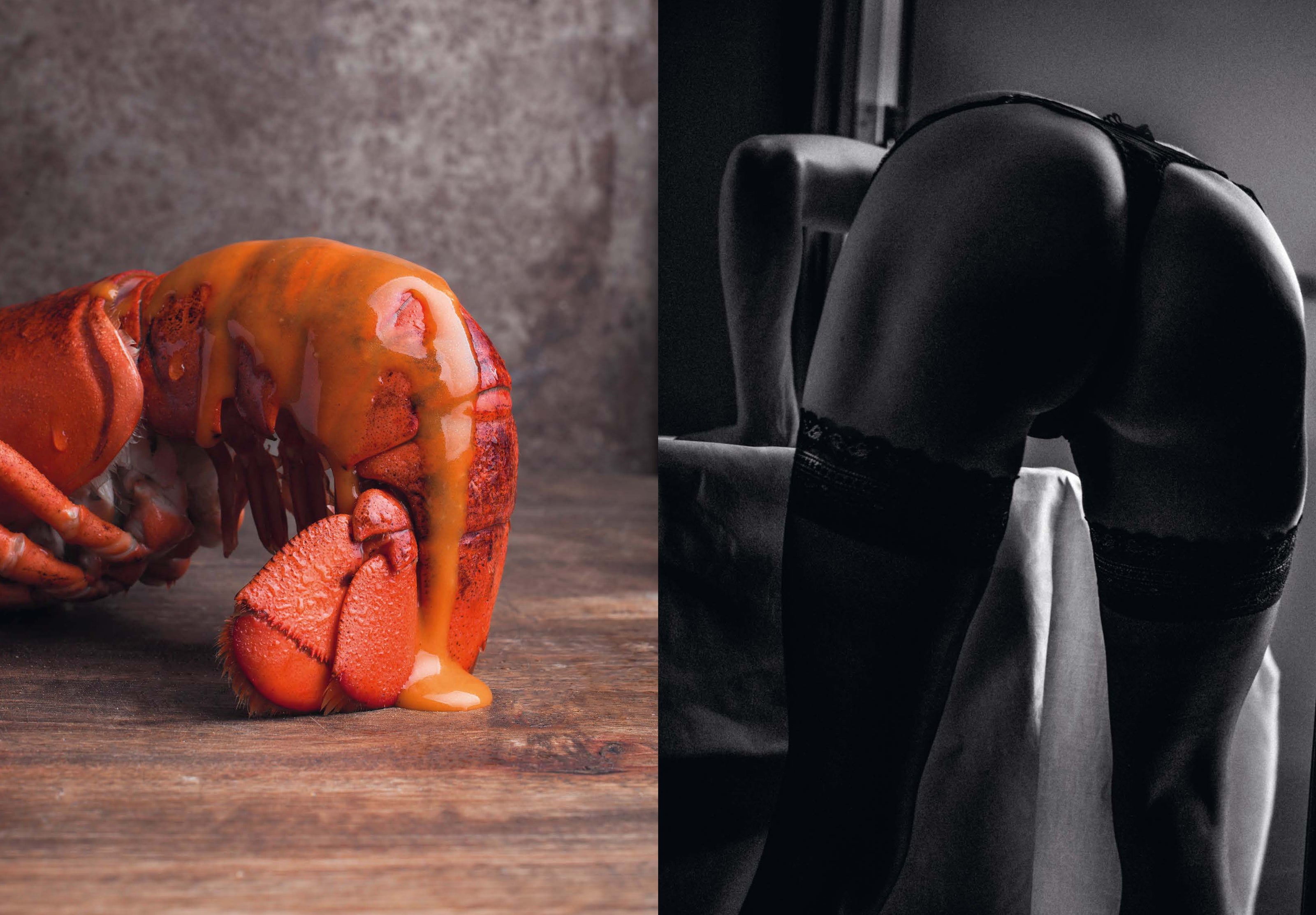 Binnenpagina uit Let’s MissBehave met kreeft in saus en stijlvolle zwart-witfotografie met lingerie