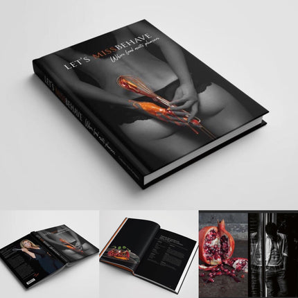Collage van Let’s MissBehave met hardcover boek, binnenpagina’s, granaatappel en stijlvolle fotografie