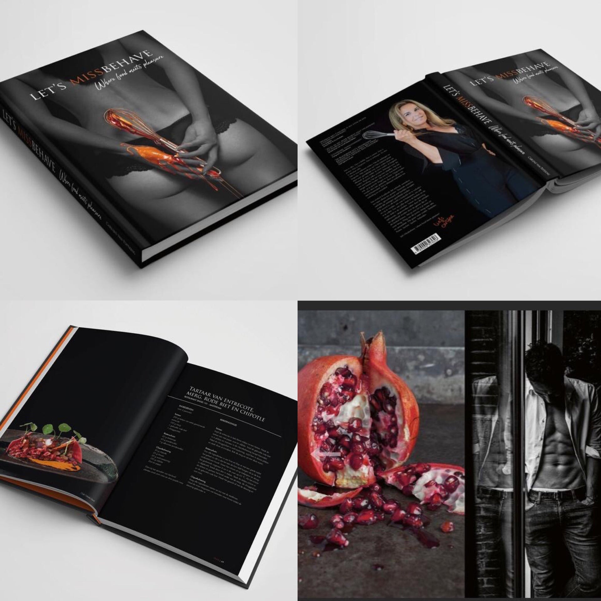 Collage van Let’s MissBehave met hardcover mockups, receptpagina, granaatappel en zwart-witportret