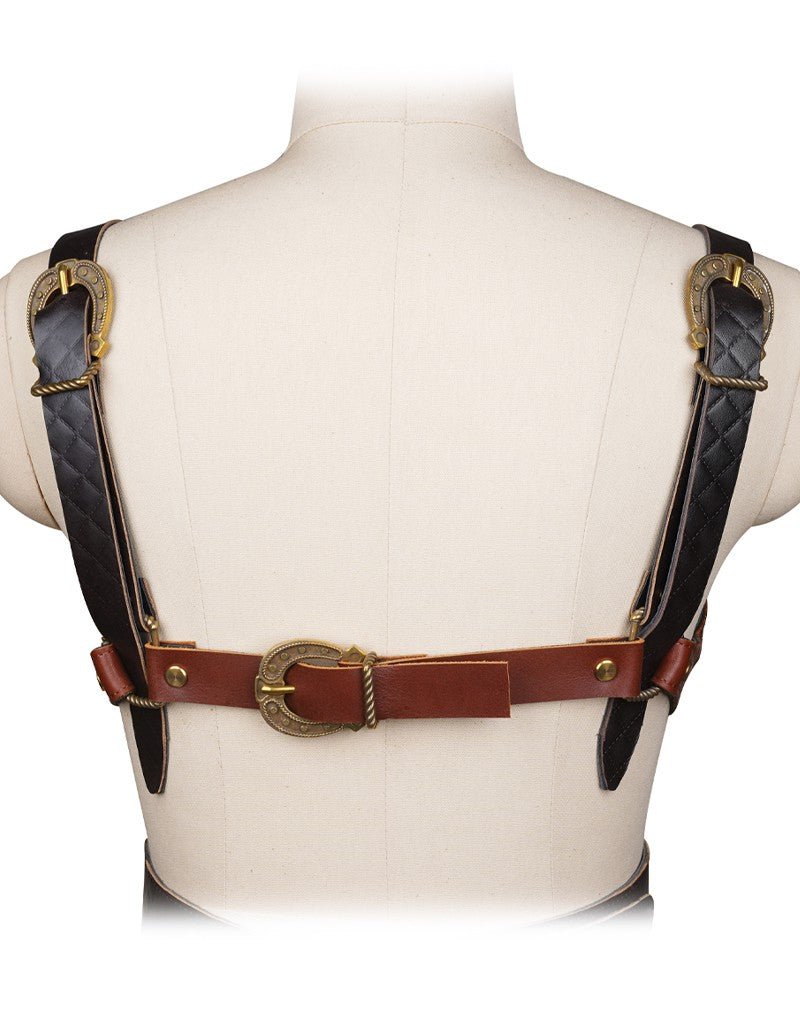 Achterzijde van de leren bustier op paspop, met bruine riem en gespen