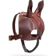 Bruin leren ponyplay masker met oren, zijband en gesp