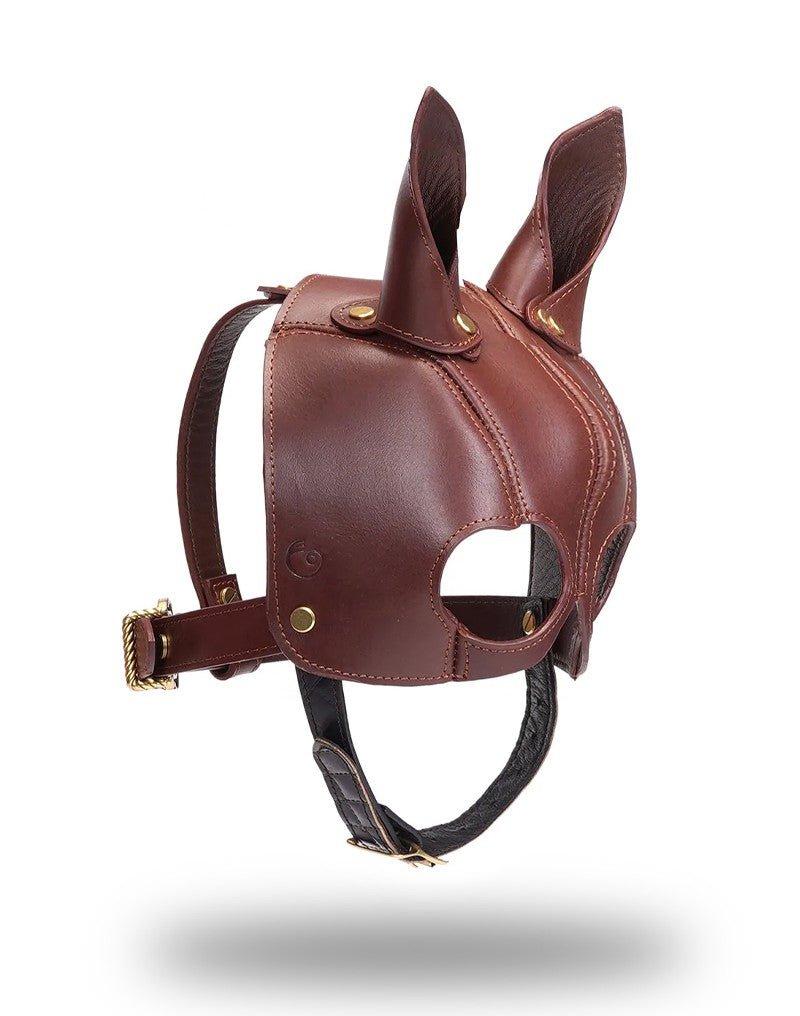 Bruin leren ponyplay masker met oren, zijband en gesp