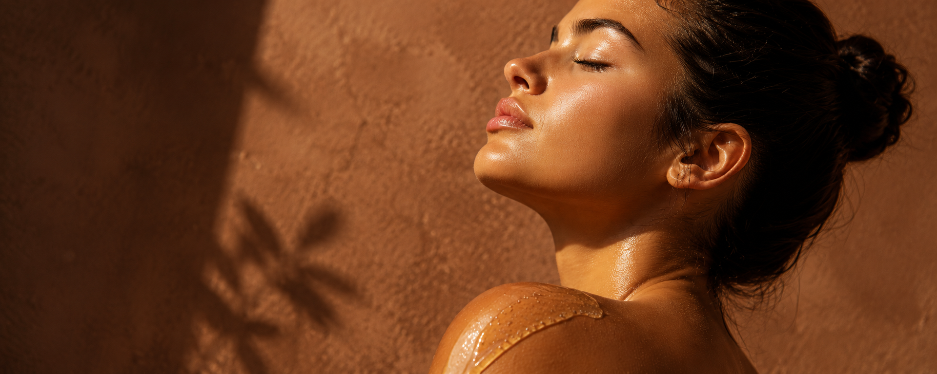 Vrouw met gesloten ogen in warm gouden zonlicht, met een glanzende bodyolie op haar schouder, afgebeeld in een luxe beautybanner met een elegante en rustgevende uitstraling.